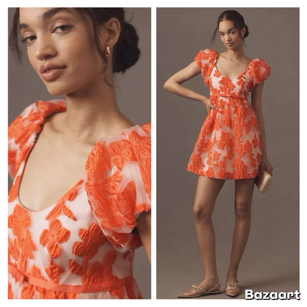 NWT By Anthropologie Puff-Sleeve Scoop-Neck Babydoll Mini Dress Sz L - Picture 3 of 14